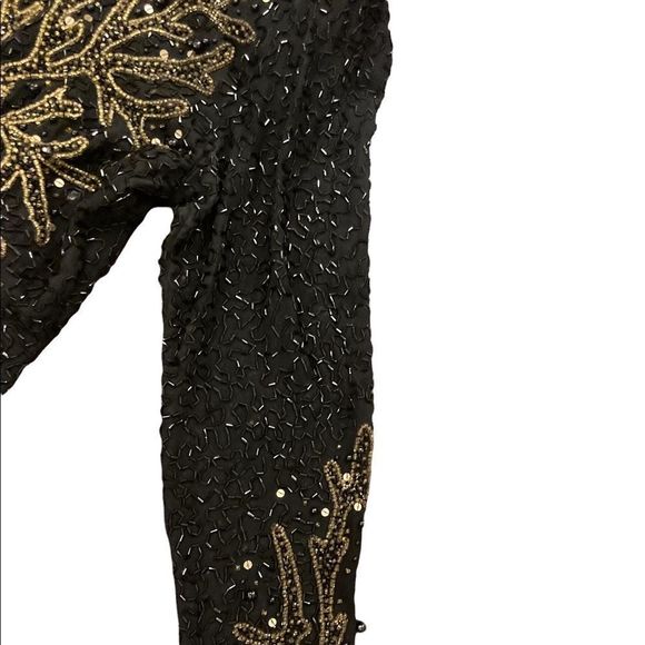 Vintage Swee Lo black and gold sparkling shimmery  sequin evening gown w/ split - Picture 11 of 13